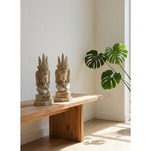 Vtg Cambodian Apsara Bust Statues Set of 2 Khmer Goddess Sculptures Cream